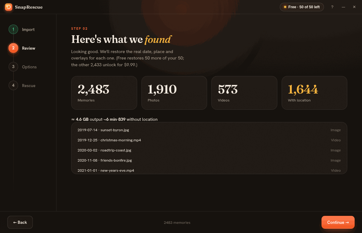 SnapRescue showing 2,483 memories found, with photo, video and with-location counts and a preview list