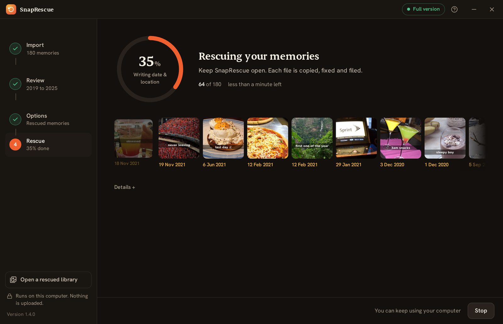 SnapRescue on a computer, rescuing memories with their real dates