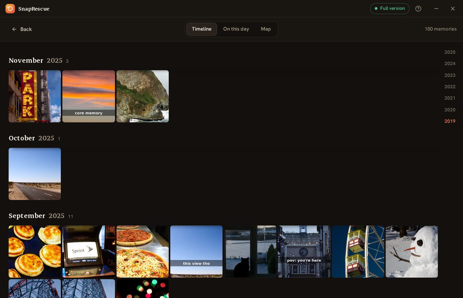 The memories timeline grouped by month